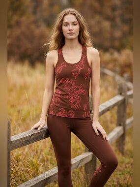 Athleta Brown Tank Top with Red Floral Print